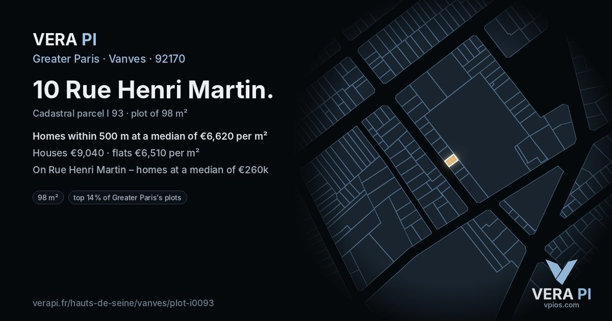 10 Rue Henri Martin, Vanves at night – the plot lit, the parcels around coloured by the prices near them