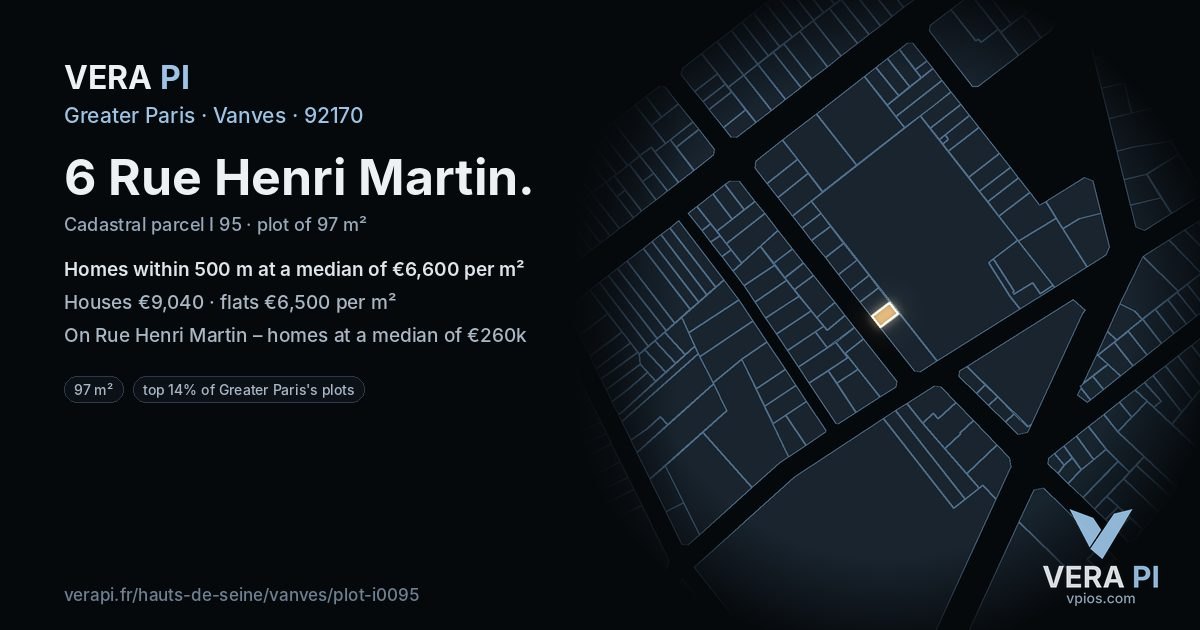 6 Rue Henri Martin, Vanves at night – the plot lit, the parcels around coloured by the prices near them