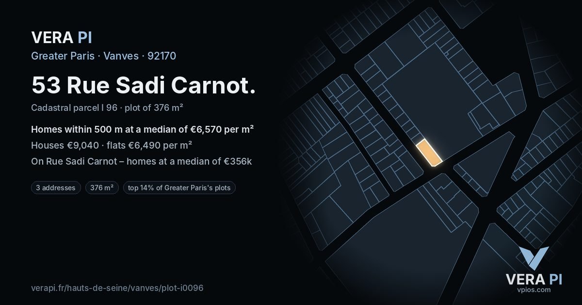 53 Rue Sadi Carnot, Vanves at night – the plot lit, the parcels around coloured by the prices near them