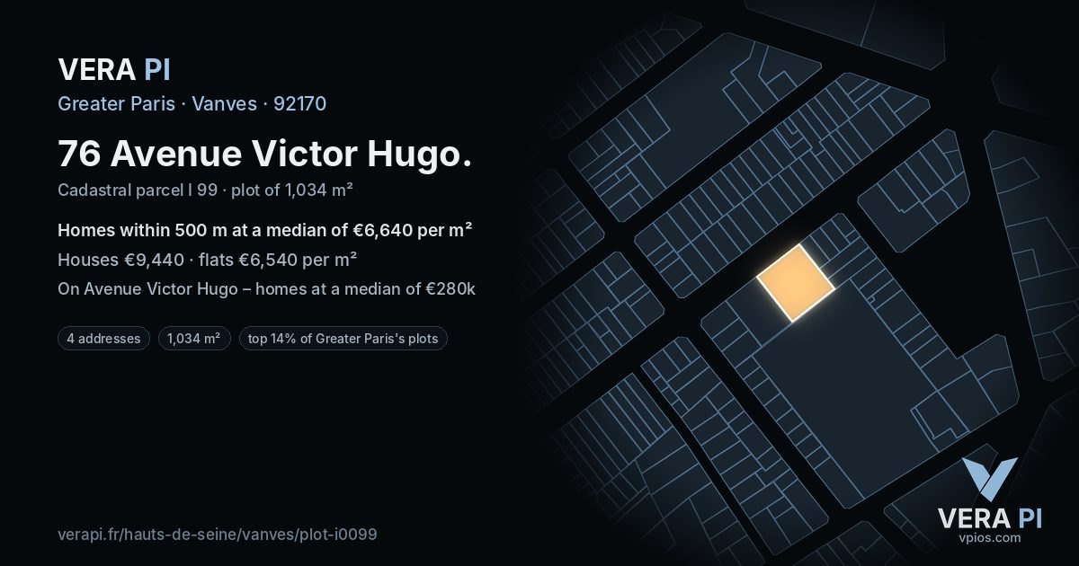 76 Avenue Victor Hugo, Vanves at night – the plot lit, the parcels around coloured by the prices near them