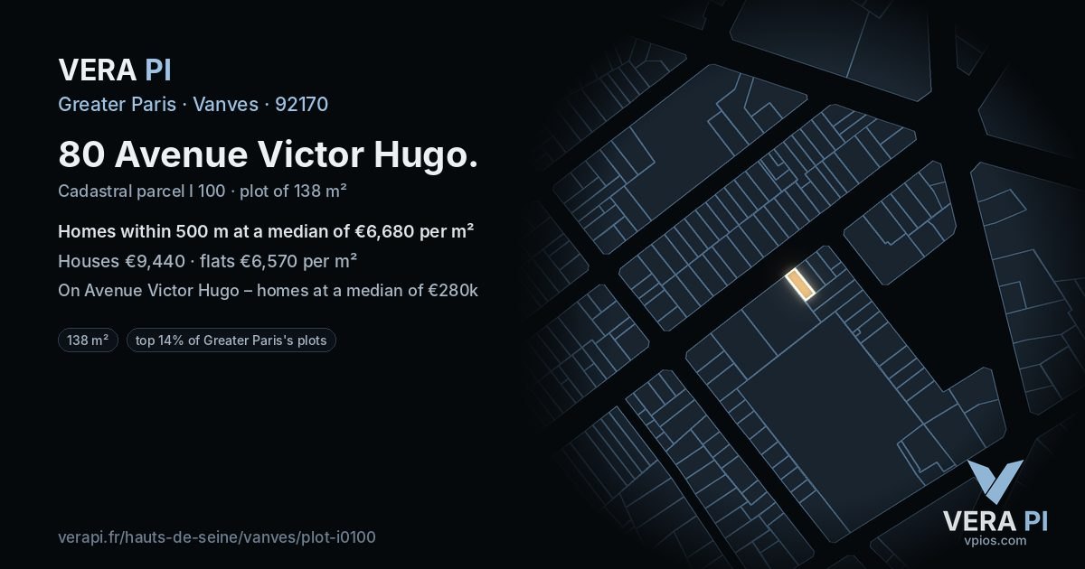 80 Avenue Victor Hugo, Vanves at night – the plot lit, the parcels around coloured by the prices near them