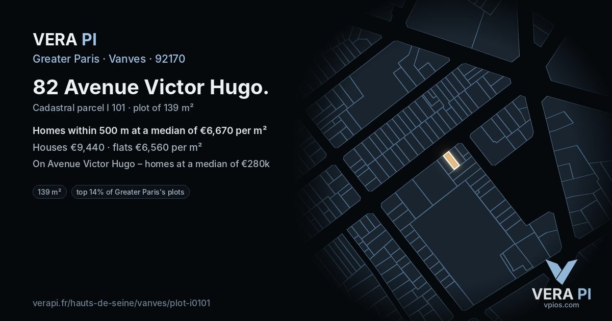 82 Avenue Victor Hugo, Vanves at night – the plot lit, the parcels around coloured by the prices near them