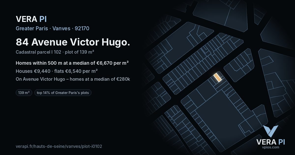 84 Avenue Victor Hugo, Vanves at night – the plot lit, the parcels around coloured by the prices near them
