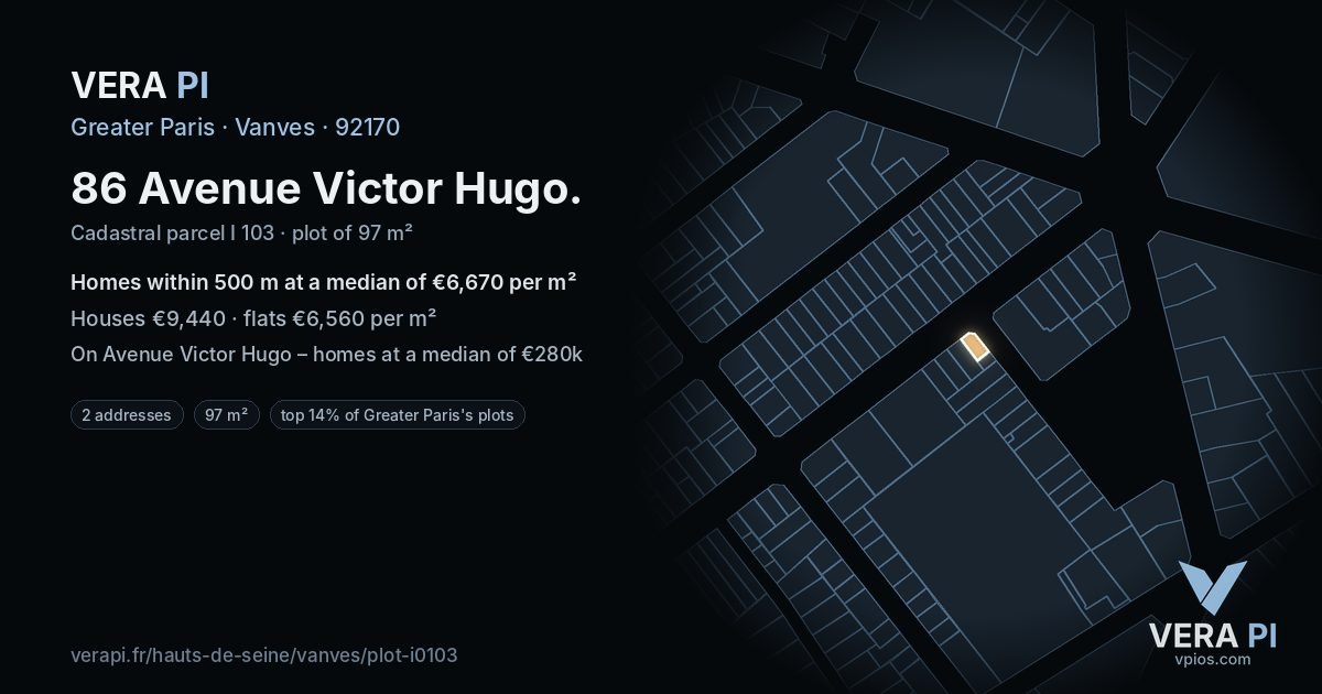 86 Avenue Victor Hugo, Vanves at night – the plot lit, the parcels around coloured by the prices near them