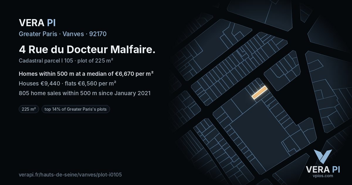 4 Rue du Docteur Malfaire, Vanves at night – the plot lit, the parcels around coloured by the prices near them