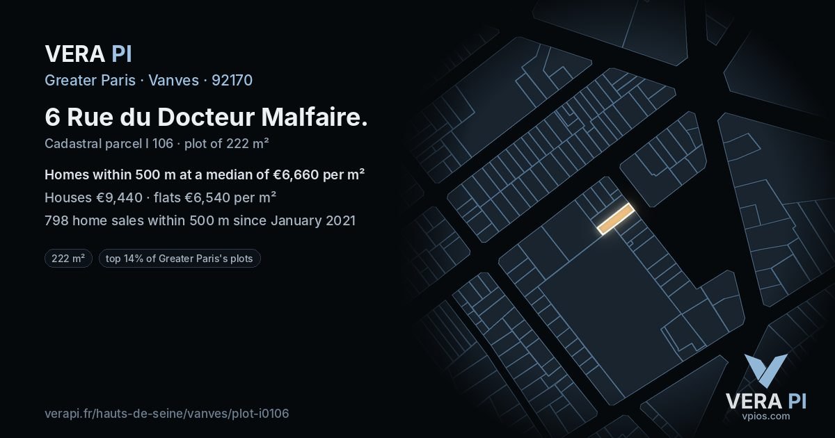 6 Rue du Docteur Malfaire, Vanves at night – the plot lit, the parcels around coloured by the prices near them