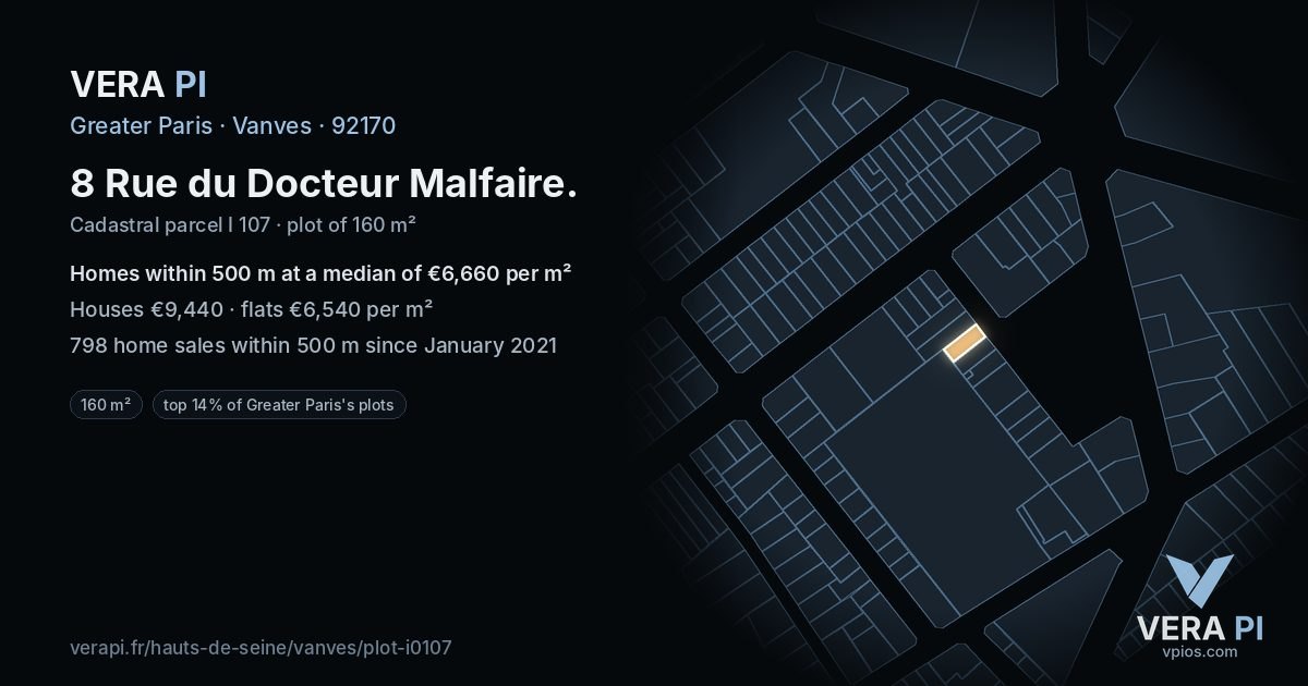 8 Rue du Docteur Malfaire, Vanves at night – the plot lit, the parcels around coloured by the prices near them