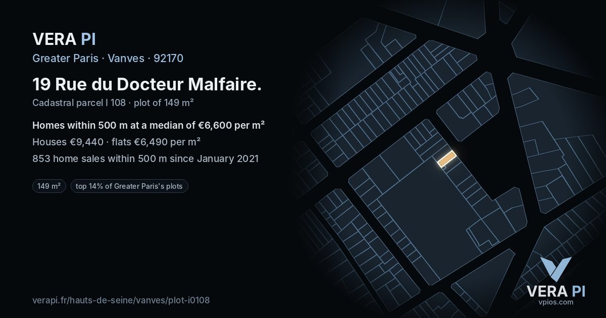 19 Rue du Docteur Malfaire, Vanves at night – the plot lit, the parcels around coloured by the prices near them
