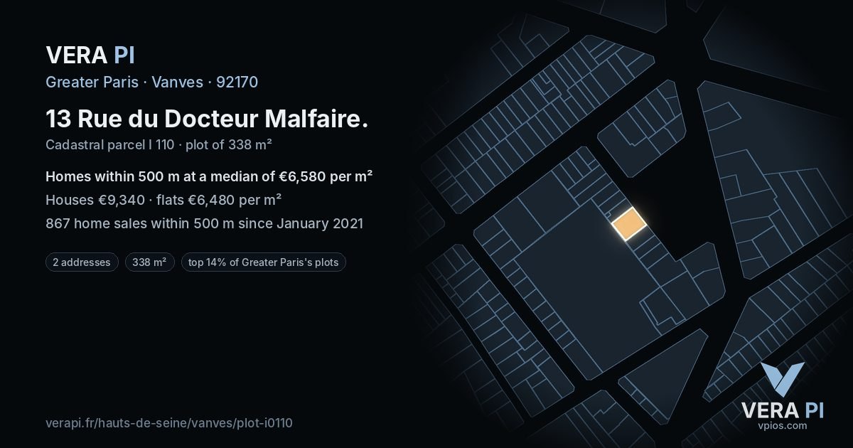 13 Rue du Docteur Malfaire, Vanves at night – the plot lit, the parcels around coloured by the prices near them