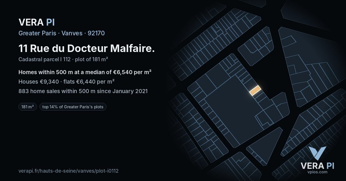 11 Rue du Docteur Malfaire, Vanves at night – the plot lit, the parcels around coloured by the prices near them