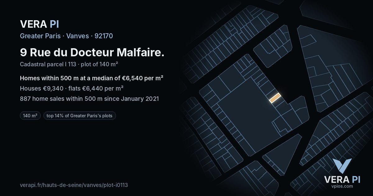9 Rue du Docteur Malfaire, Vanves at night – the plot lit, the parcels around coloured by the prices near them