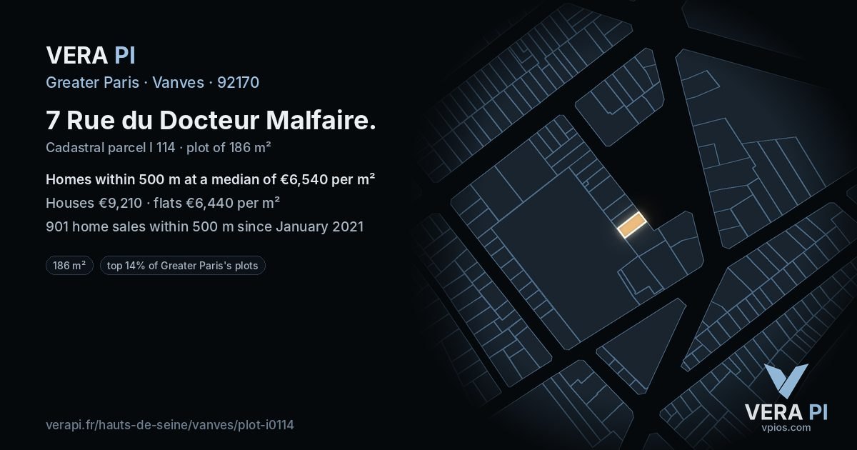 7 Rue du Docteur Malfaire, Vanves at night – the plot lit, the parcels around coloured by the prices near them