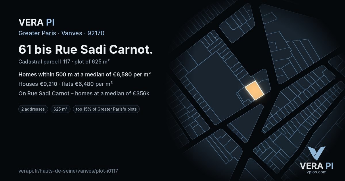 61 bis Rue Sadi Carnot, Vanves at night – the plot lit, the parcels around coloured by the prices near them