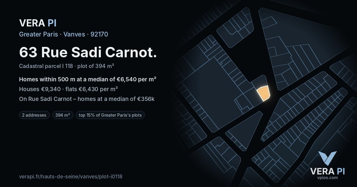 63 Rue Sadi Carnot, Vanves at night – the plot lit, the parcels around coloured by the prices near them