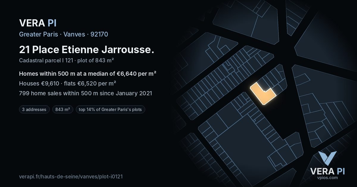 21 Place Etienne Jarrousse, Vanves at night – the plot lit, the parcels around coloured by the prices near them