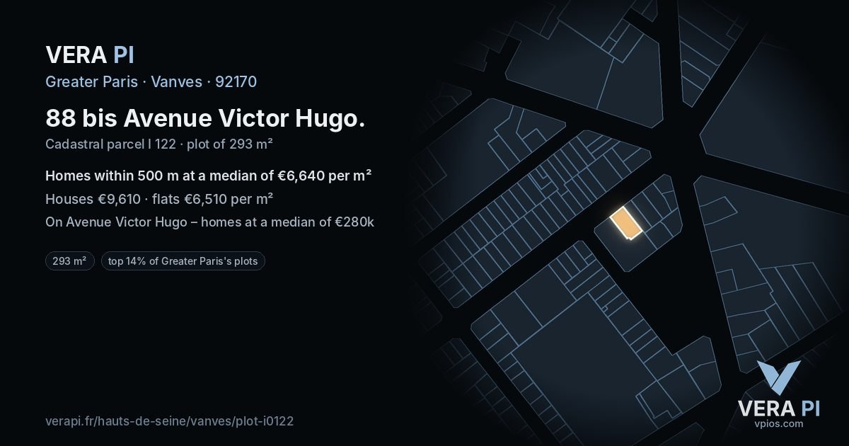 88 bis Avenue Victor Hugo, Vanves at night – the plot lit, the parcels around coloured by the prices near them