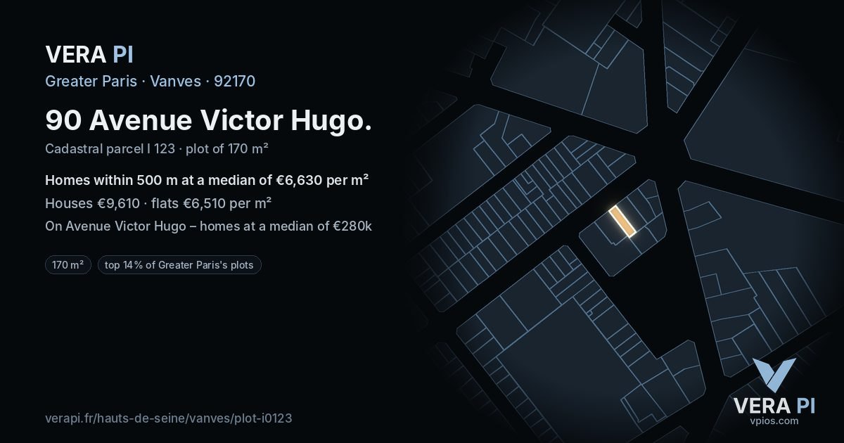 90 Avenue Victor Hugo, Vanves at night – the plot lit, the parcels around coloured by the prices near them