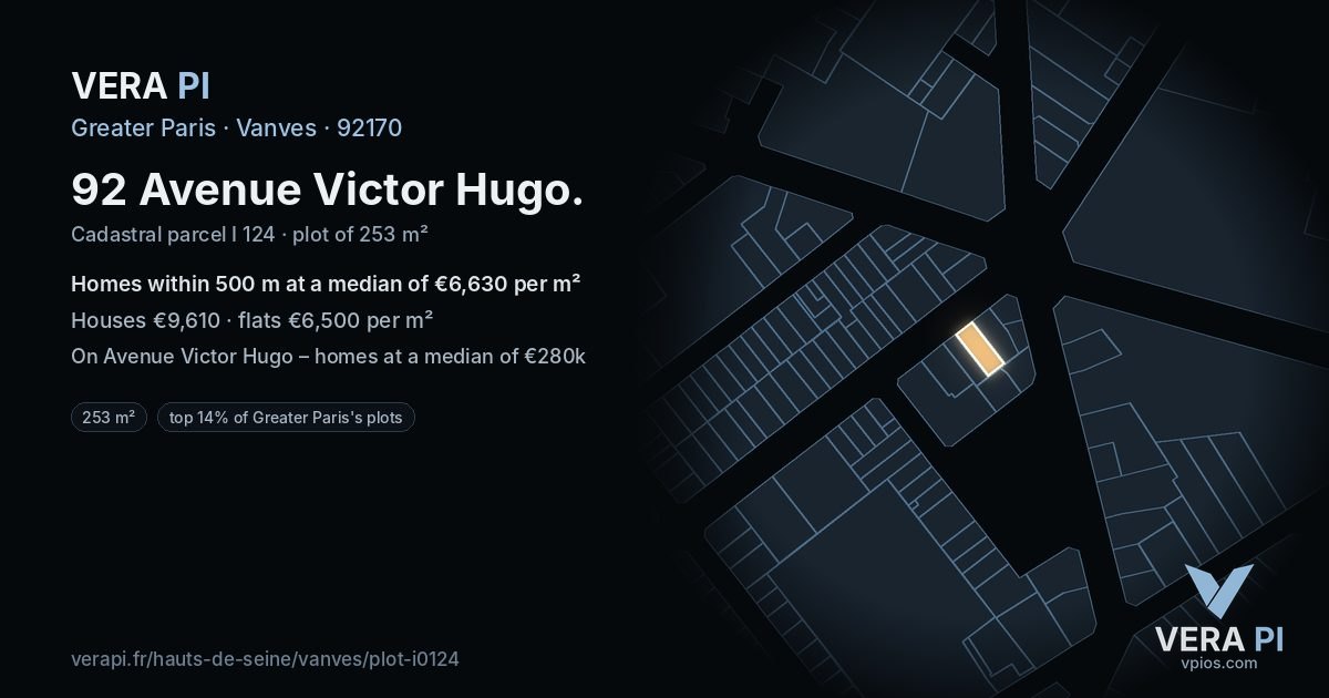 92 Avenue Victor Hugo, Vanves at night – the plot lit, the parcels around coloured by the prices near them