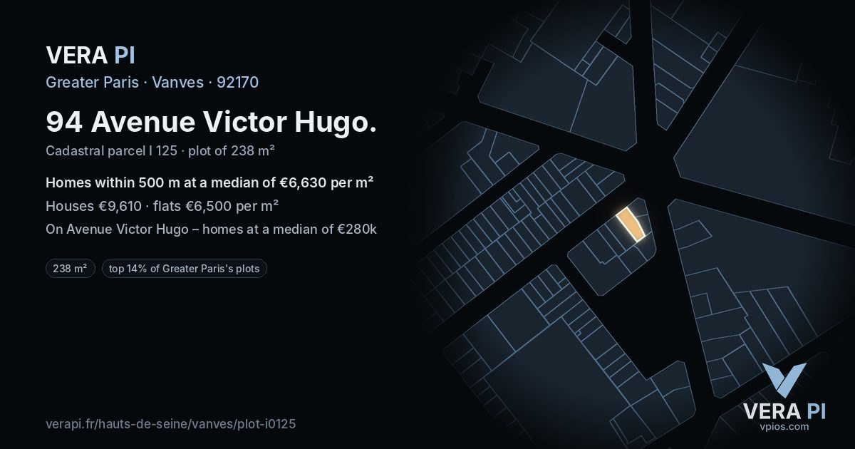 94 Avenue Victor Hugo, Vanves at night – the plot lit, the parcels around coloured by the prices near them