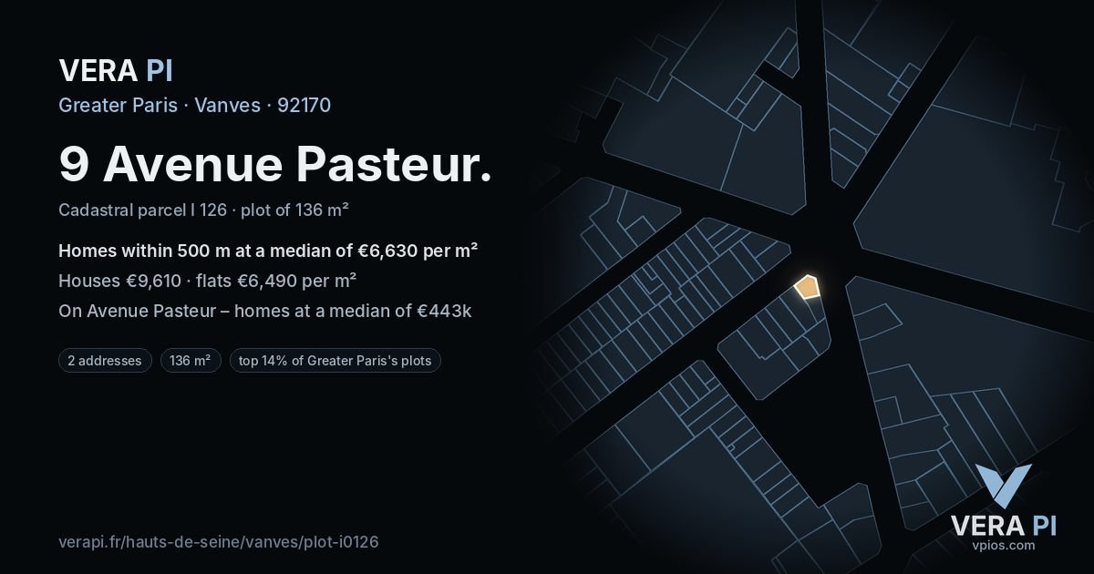 9 Avenue Pasteur, Vanves at night – the plot lit, the parcels around coloured by the prices near them