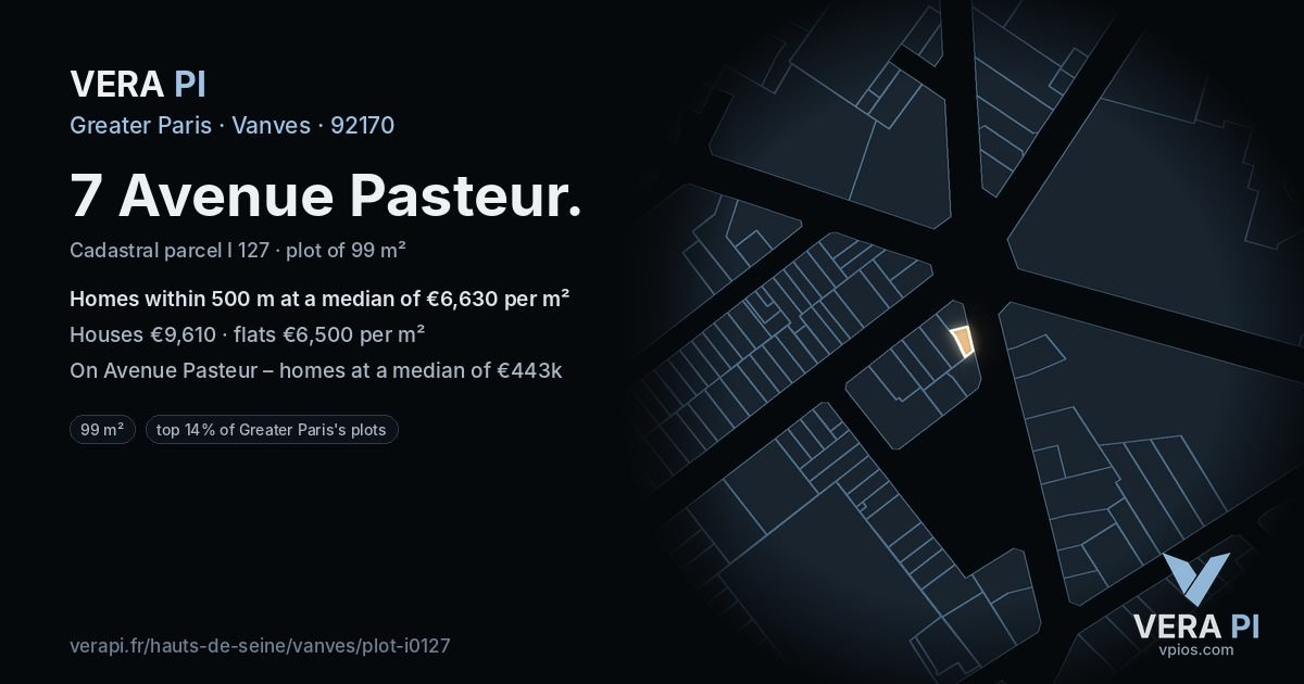 7 Avenue Pasteur, Vanves at night – the plot lit, the parcels around coloured by the prices near them