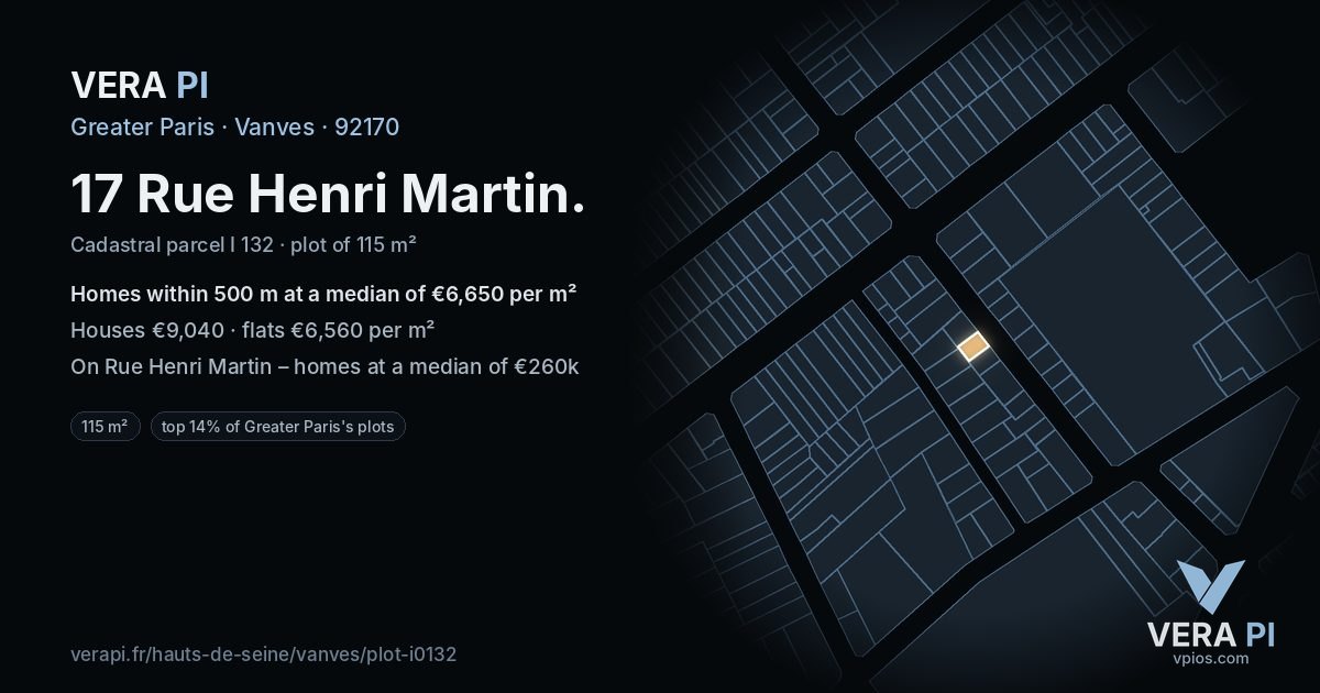 17 Rue Henri Martin, Vanves at night – the plot lit, the parcels around coloured by the prices near them