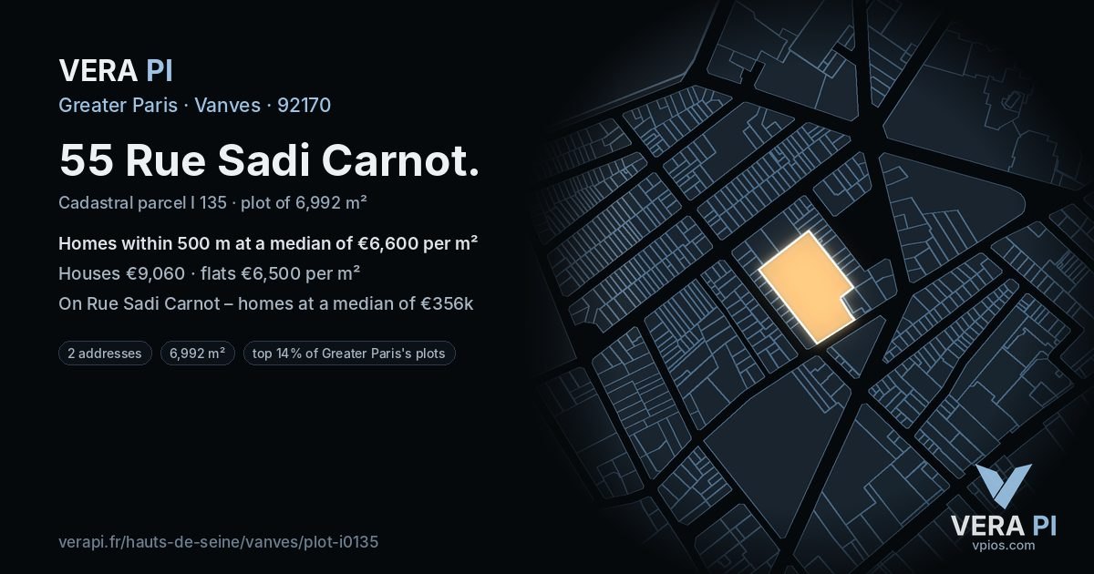 55 Rue Sadi Carnot, Vanves at night – the plot lit, the parcels around coloured by the prices near them