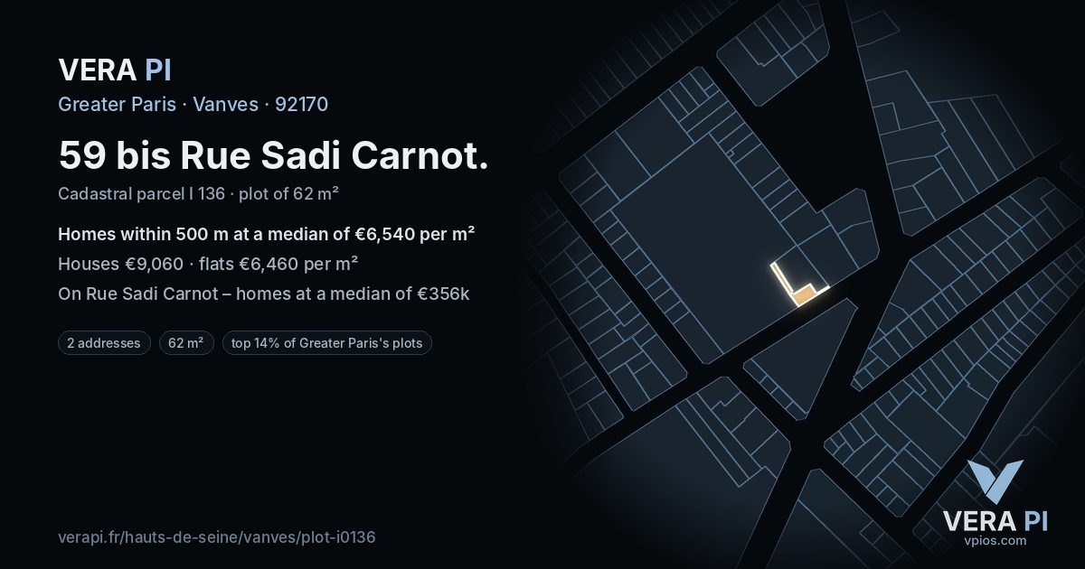 59 bis Rue Sadi Carnot, Vanves at night – the plot lit, the parcels around coloured by the prices near them