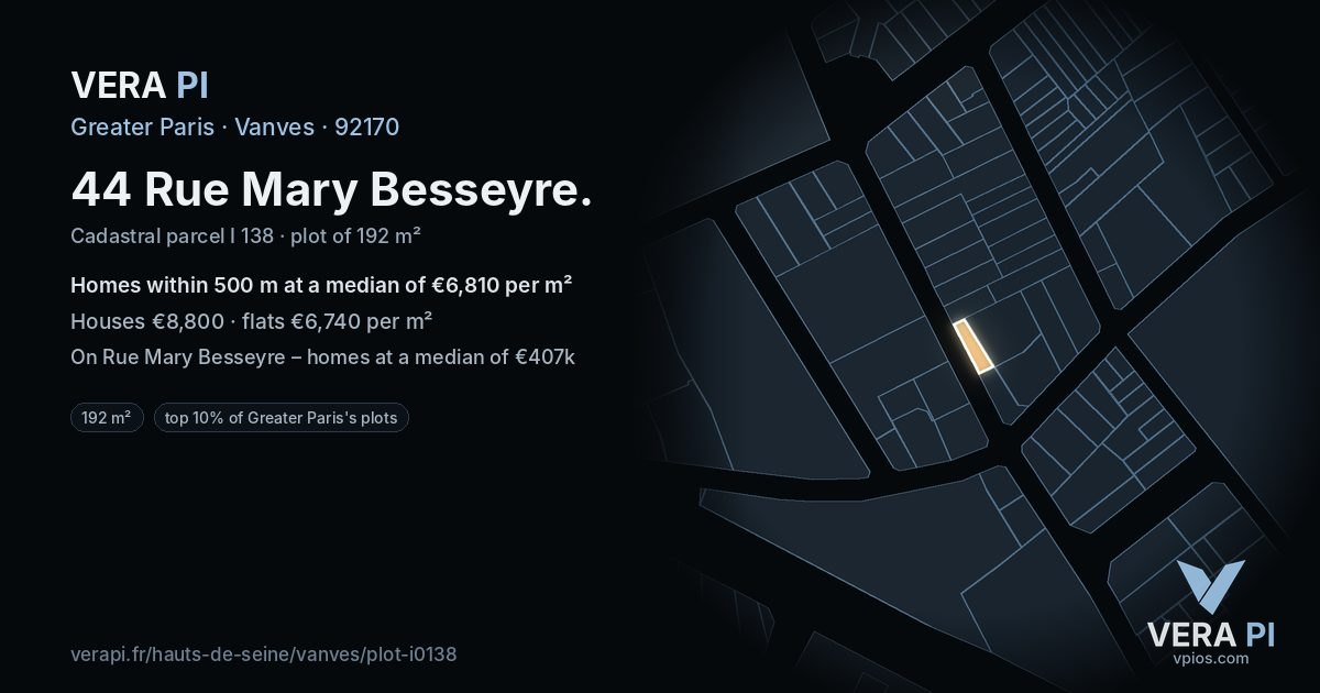 44 Rue Mary Besseyre, Vanves at night – the plot lit, the parcels around coloured by the prices near them