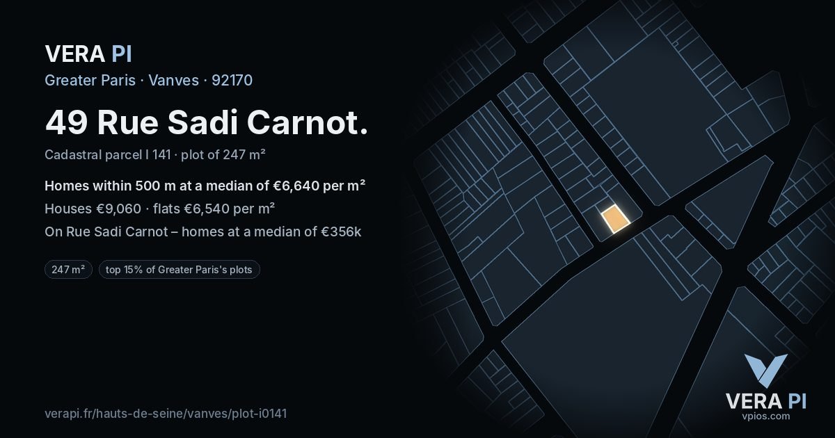 49 Rue Sadi Carnot, Vanves at night – the plot lit, the parcels around coloured by the prices near them