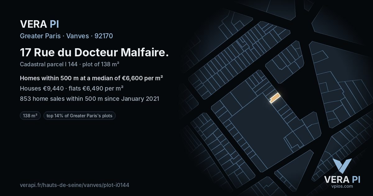 17 Rue du Docteur Malfaire, Vanves at night – the plot lit, the parcels around coloured by the prices near them
