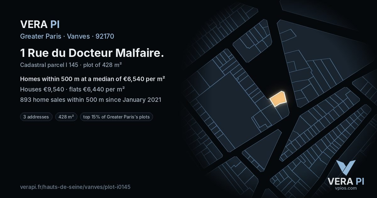 1 Rue du Docteur Malfaire, Vanves at night – the plot lit, the parcels around coloured by the prices near them