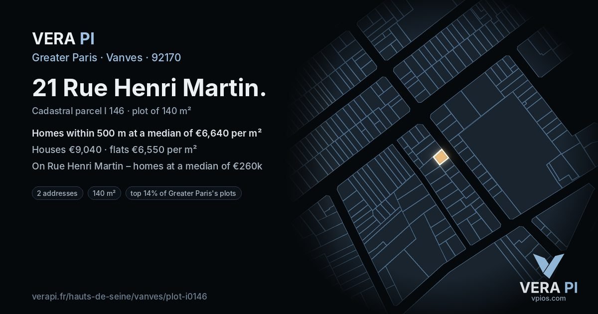 21 Rue Henri Martin, Vanves at night – the plot lit, the parcels around coloured by the prices near them