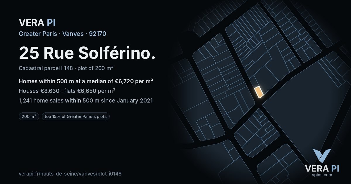 25 Rue Solférino, Vanves at night – the plot lit, the parcels around coloured by the prices near them