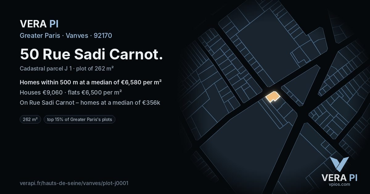 50 Rue Sadi Carnot, Vanves at night – the plot lit, the parcels around coloured by the prices near them