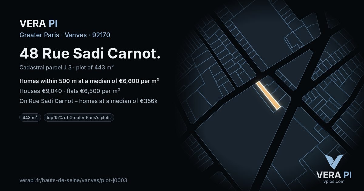 48 Rue Sadi Carnot, Vanves at night – the plot lit, the parcels around coloured by the prices near them