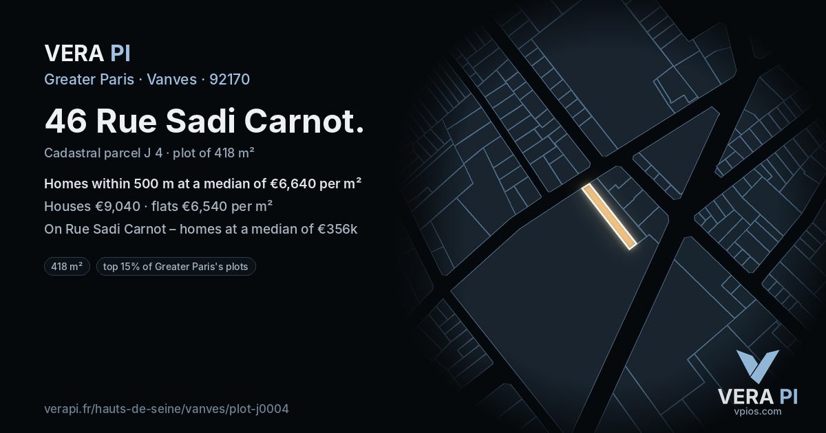 46 Rue Sadi Carnot, Vanves at night – the plot lit, the parcels around coloured by the prices near them