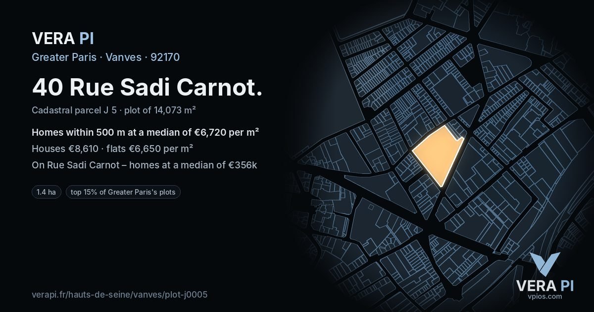 40 Rue Sadi Carnot, Vanves at night – the plot lit, the parcels around coloured by the prices near them