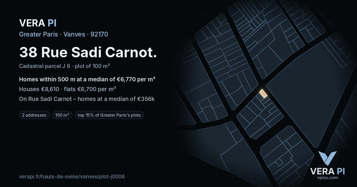 38 Rue Sadi Carnot, Vanves at night – the plot lit, the parcels around coloured by the prices near them