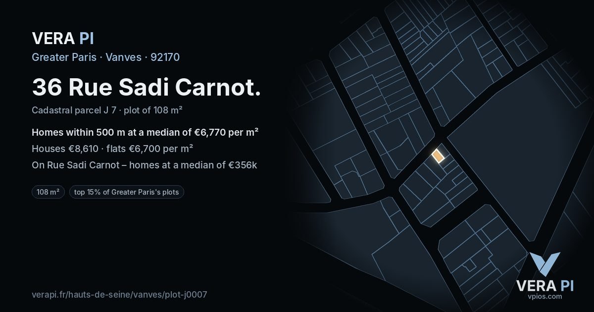 36 Rue Sadi Carnot, Vanves at night – the plot lit, the parcels around coloured by the prices near them