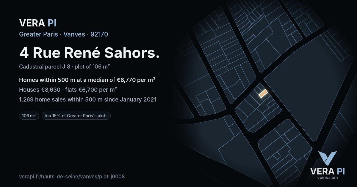4 Rue René Sahors, Vanves at night – the plot lit, the parcels around coloured by the prices near them