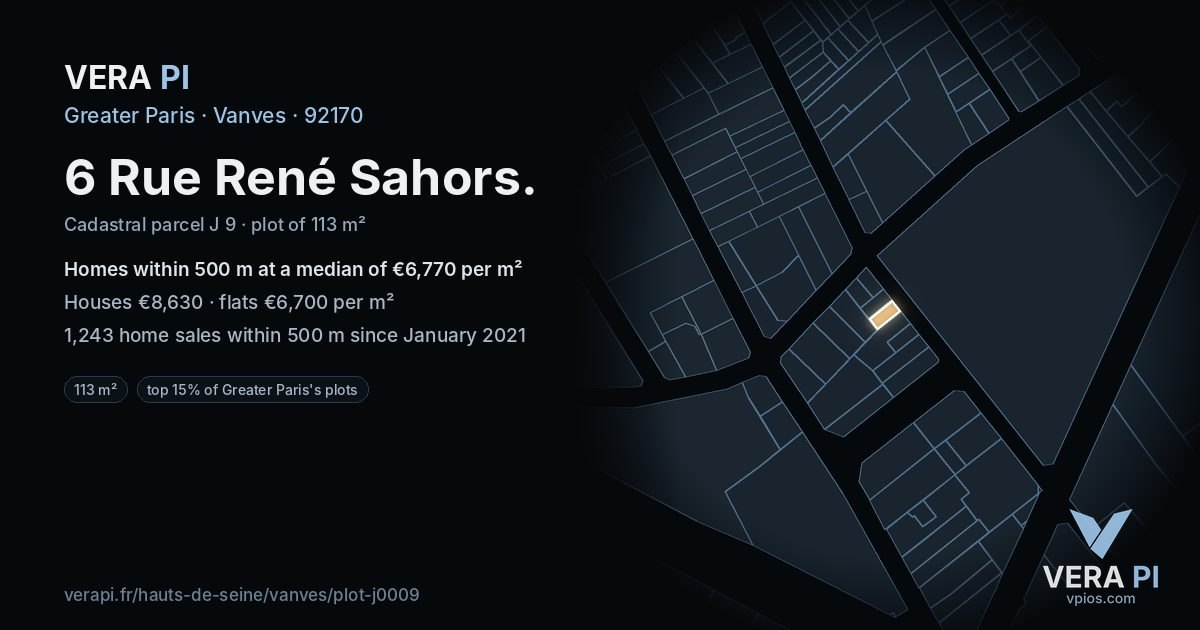 6 Rue René Sahors, Vanves at night – the plot lit, the parcels around coloured by the prices near them