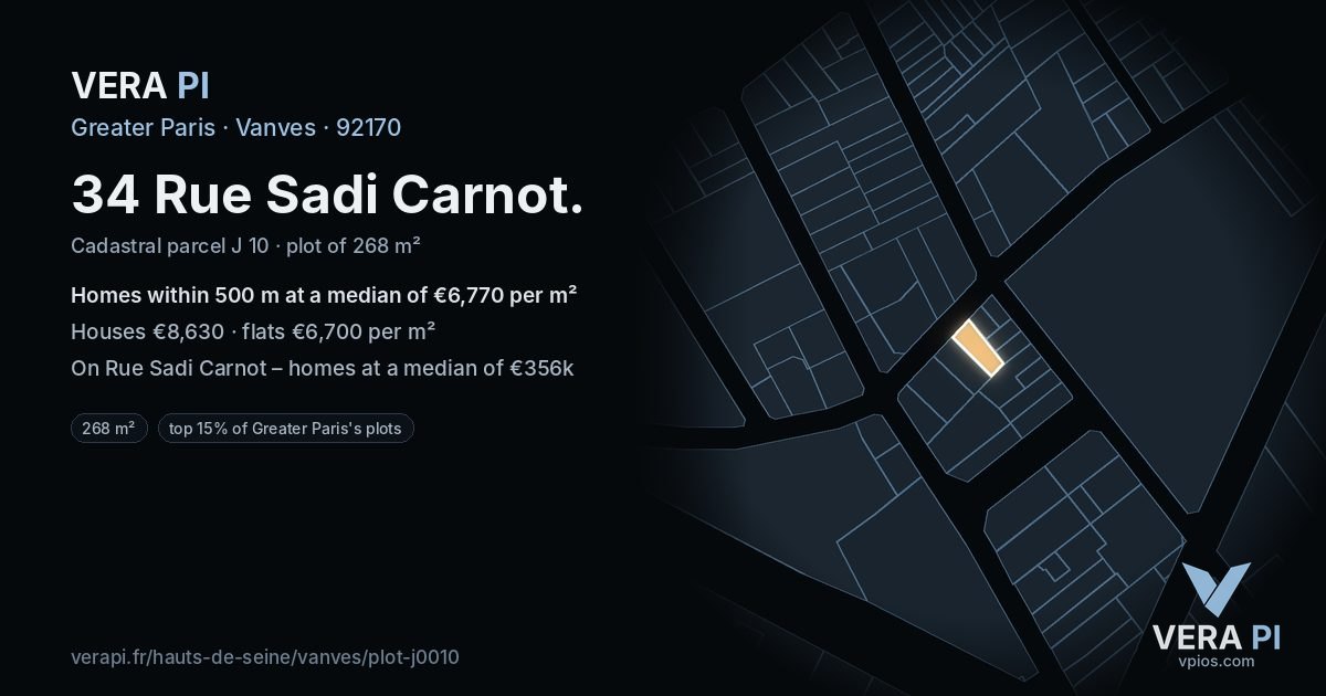 34 Rue Sadi Carnot, Vanves at night – the plot lit, the parcels around coloured by the prices near them