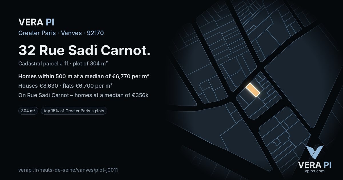 32 Rue Sadi Carnot, Vanves at night – the plot lit, the parcels around coloured by the prices near them