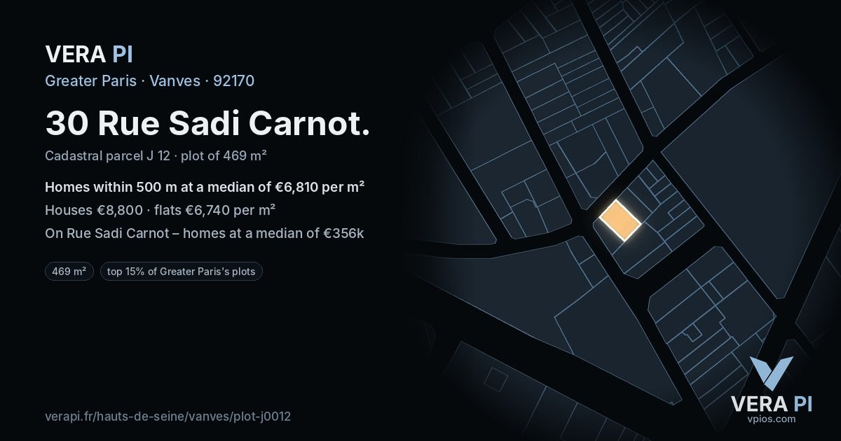 30 Rue Sadi Carnot, Vanves at night – the plot lit, the parcels around coloured by the prices near them