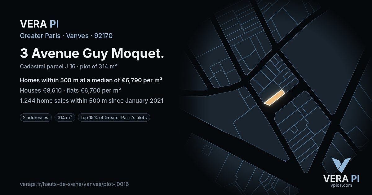 3 Avenue Guy Moquet, Vanves at night – the plot lit, the parcels around coloured by the prices near them