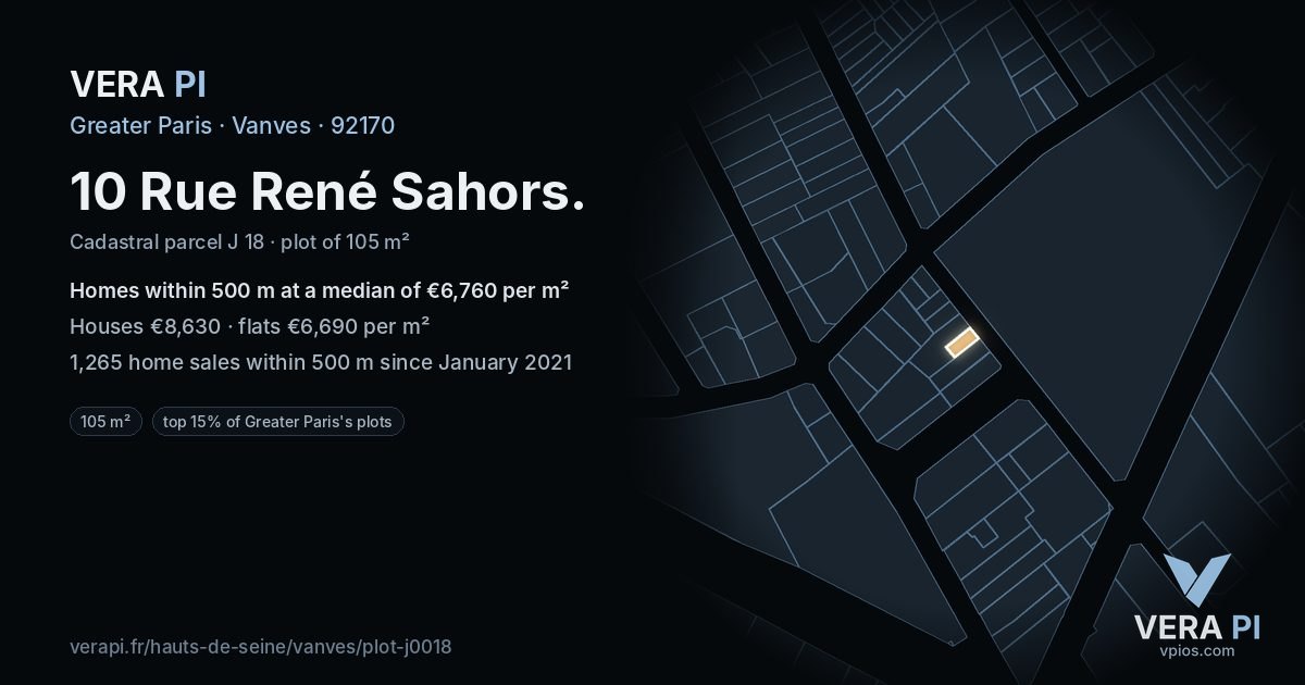 10 Rue René Sahors, Vanves at night – the plot lit, the parcels around coloured by the prices near them