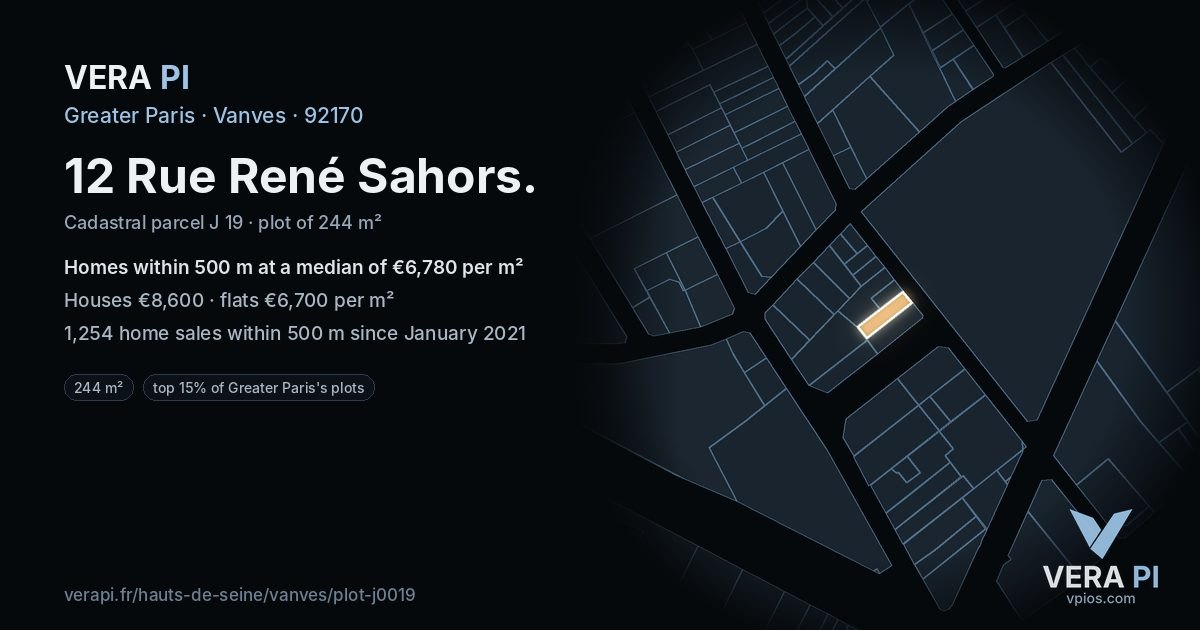 12 Rue René Sahors, Vanves at night – the plot lit, the parcels around coloured by the prices near them