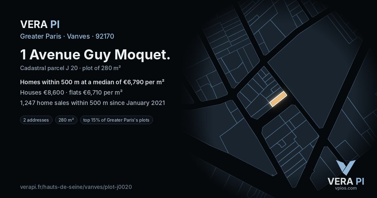 1 Avenue Guy Moquet, Vanves at night – the plot lit, the parcels around coloured by the prices near them