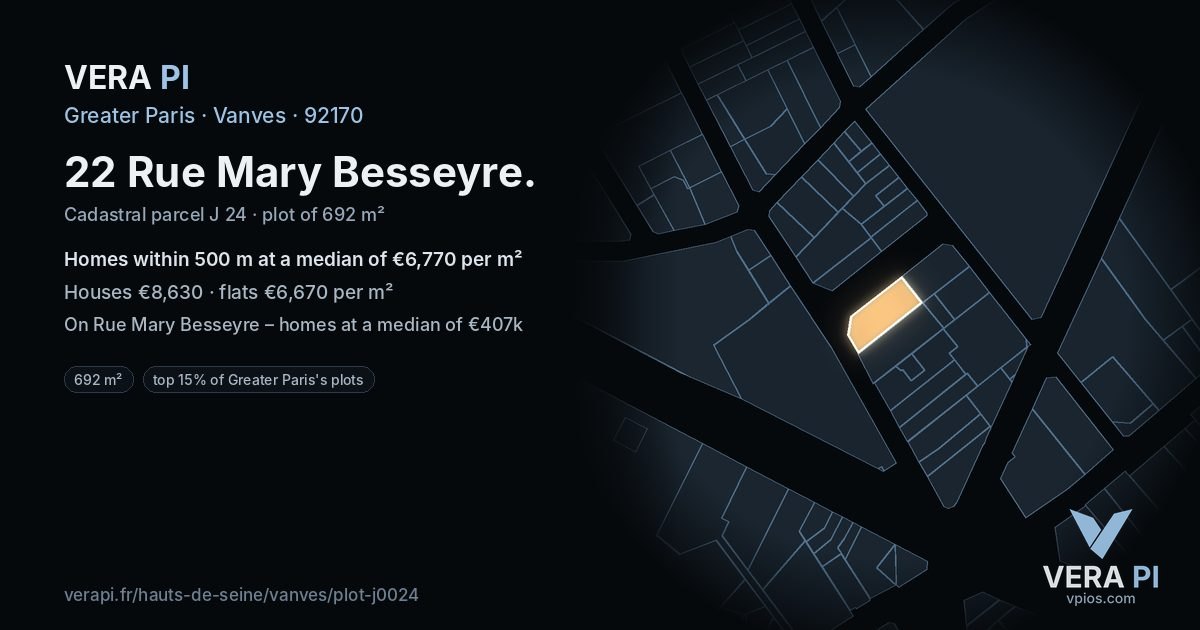 22 Rue Mary Besseyre, Vanves at night – the plot lit, the parcels around coloured by the prices near them